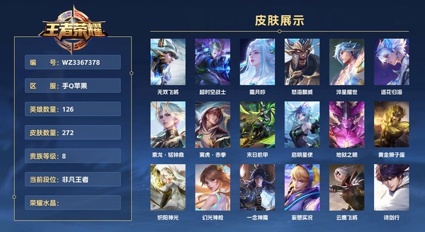 王者荣耀账号苹果QQ手Q苹果 126英雄 272皮肤 贵族等级8  无双飞将 超时空战士 霜月吟 怒海麟威 淬星耀世 逐花归海 乘龙·铭钟鼎 寅虎·赤拳 末日机甲 启明星使 地狱之眼 黄金狮子座 炽阳神光 幻光神枪...