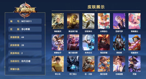 王者荣耀账号苹果QQ手Q苹果 44英雄 28皮肤 贵族等级2  神树通天 黄金狮子座 炽阳神光 水果甜心 百相守梦 赞萌露比 紫霞仙子 魅力维加斯 未来纪元 鬼剑武藏 阴阳师 海滩派对 李小龙 死亡骑士 忍·炎影 ...