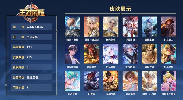王者荣耀账号安卓QQ手Q安卓 123英雄 255皮肤 贵族等级8 已兑换荣耀水晶数1   多款热门限定 璃龙剑+碎月剑心+祈雪灵祝+时之祈愿+白虎志+永恒水手月亮+夜礼服假面