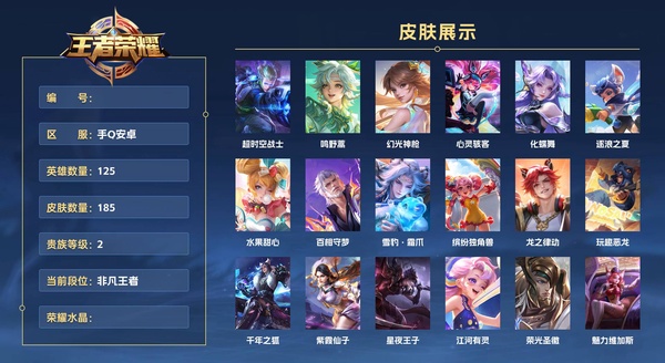 王者荣耀账号安卓QQ手Q安卓 125英雄 185皮肤 贵族等级2  超时空战士 鸣野蒿 幻光神枪 心灵骇客 化蝶舞 逐浪之夏 水果甜心 百相守梦 雪豹·霜爪 缤纷独角兽 龙之律动 玩趣恶龙 千年之狐 紫霞仙子 星夜...