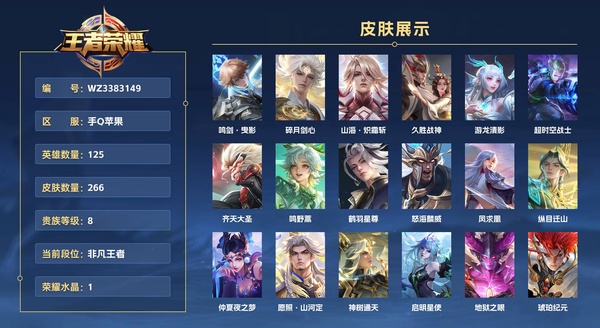 王者荣耀账号苹果QQ手Q苹果 125英雄 266皮肤 贵族等级8 已兑换荣耀水晶数1  鸣剑·曳影 碎月剑心 山海·炽霜斩 久胜战神 游龙清影 超时空战士 齐天大圣 鸣野蒿 鹤羽星尊 怒海麟威 凤求凰 纵目迁山 仲...