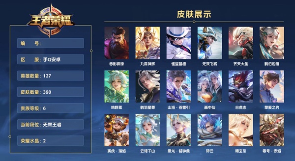 王者荣耀账号安卓QQ手Q安卓 127英雄 390皮肤 贵族等级6 已兑换荣耀水晶数2  赤影疾锋 九霄神辉 怪盗基德 无双飞将 齐天大圣 鹤归松栖 鸣野蒿 鹤羽星尊 山海·苍雷引 画中仙 白虎志 挚爱之约 寅虎·瑞...