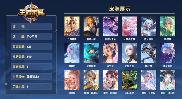 王者荣耀账号苹果QQ手Q苹果 125英雄 149皮肤 贵族等级5 已兑换荣耀水晶数1  九霄神辉 黑崎一护 酷洛米之心 大耳狗之梦 游龙清影 鸣野蒿 霜月吟 妄想奇谈 浮生妄 记忆之芯 霜北刀 逐花归海 续相思 山...