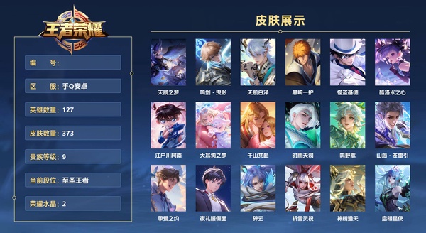 王者荣耀账号安卓QQ手Q安卓 127英雄 373皮肤 贵族等级9 已兑换荣耀水晶数2  天鹅之梦 鸣剑·曳影 天机白泽 黑崎一护 怪盗基德 酷洛米之心 江户川柯南 大耳狗之梦 千山共赴 时雨天司 鸣野蒿 山海·苍雷...