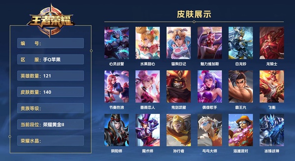 王者荣耀账号苹果QQ手Q苹果 121英雄 140皮肤  心灵战警 水果甜心 猫狗日记 魅力维加斯 白龙吟 龙骑士 节奏热浪 蔷薇恋人 鬼剑武藏 偶像歌手 霸王丸 飞衡 阴阳师 魔术师 孙行者 乓乓大师 海滩派对 冰...