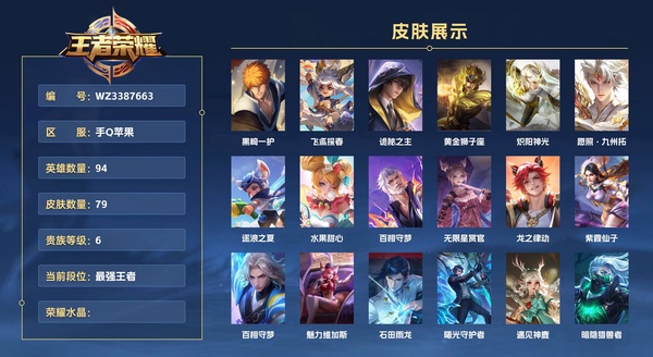 王者荣耀账号苹果QQ手Q苹果 【万战金标狂铁】94英雄 79皮肤 贵族等级6  黑崎一护 飞鸢探春 诡秘之主 黄金狮子座 炽阳神光 愿照·九州拓 逐浪之夏 水果甜心 百相守梦