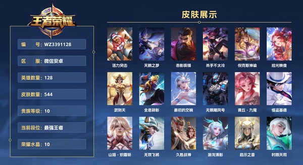 王者荣耀账号苹果VX微信安卓 128英雄 544皮肤 贵族等级10 已兑换荣耀水晶数10  【狐小妖小兵皮肤 2400朵花】