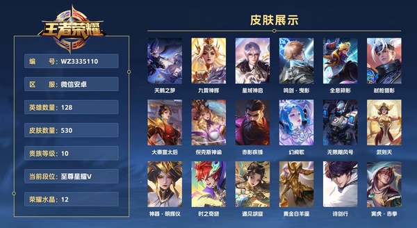 王者荣耀账号安卓VX微信安卓 128英雄 530皮肤 贵族等级10 已兑换荣耀水晶数12  天鹅之梦 九霄神辉 星域神启 鸣剑·曳影 全息碎影 弑枪猎影 大秦宣太后 倪克斯神谕 赤影疾锋 幻阙歌 无限飓风号 武则天...