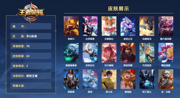 王者荣耀账号安卓QQ手Q安卓 78英雄 63皮肤 贵族等级3  地狱火 心灵骇客 水果甜心 冰冠公主 玩趣恶龙 魅力维加斯 暗隐猎兽者 未来纪元 女仆咖啡 鬼剑武藏 万灵启世 舞动绿茵 阴阳师 梁祝 李小龙 猪悟能...